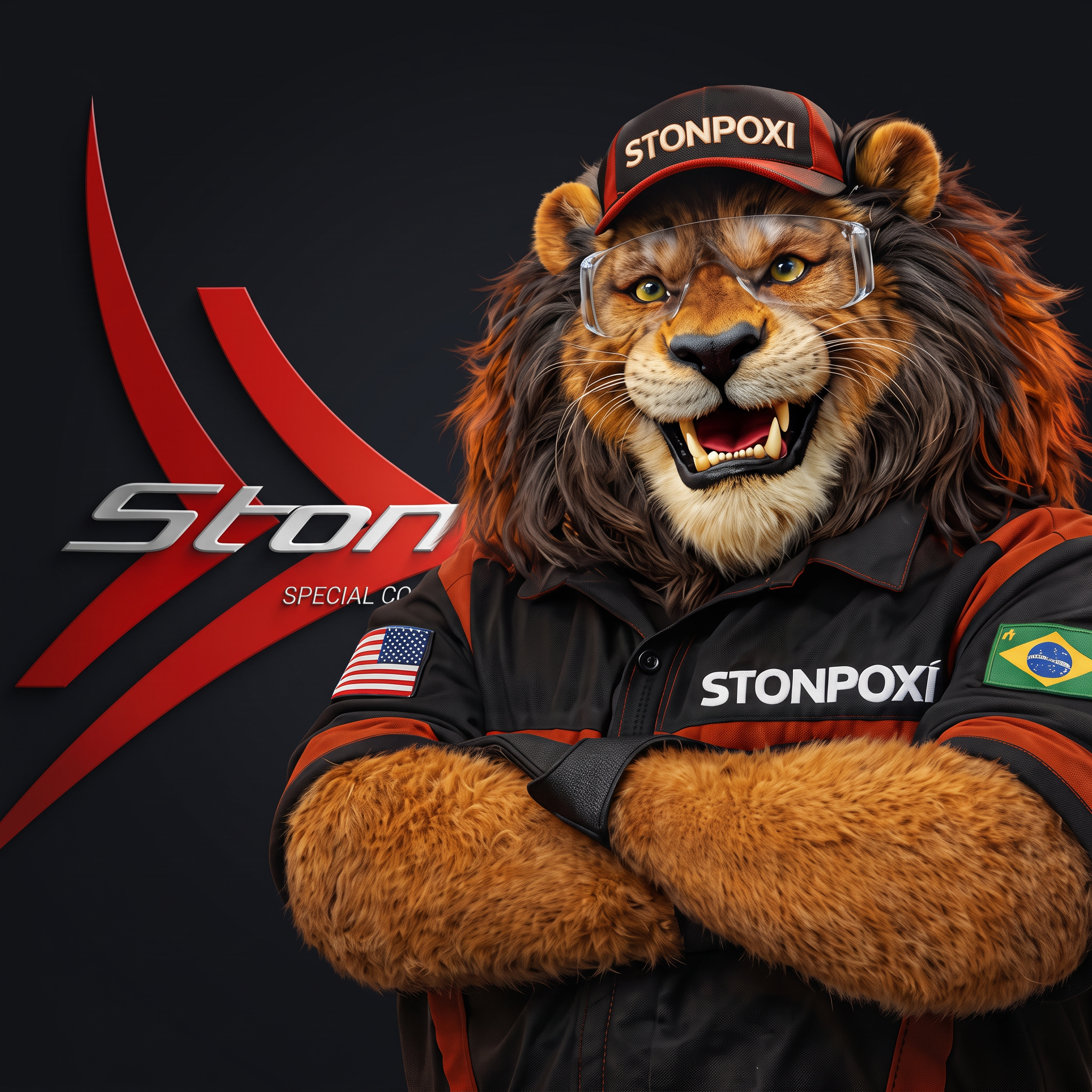 Leão mascote da StonPoxi de braços cruzados